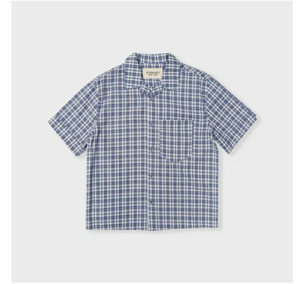 [PLZPROJECT]CHECK CINCH-BACK HALF SHIRT, BLUE