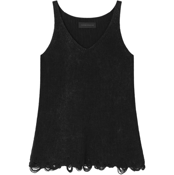 Washed Distressed Sleeveless Knit Top [ Black ]