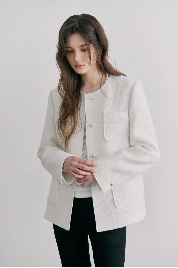 Stitch 4-Pocket Tweed Jacket, Ivory