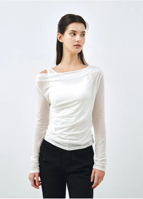 [SET] 원숄더 드레이핑 레이어드 티셔츠 화이트 MDTS088WHITE