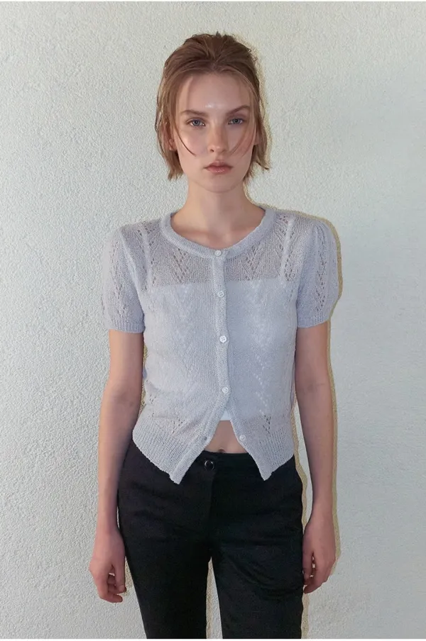 Crochet Puff Cardigan, Light Grey