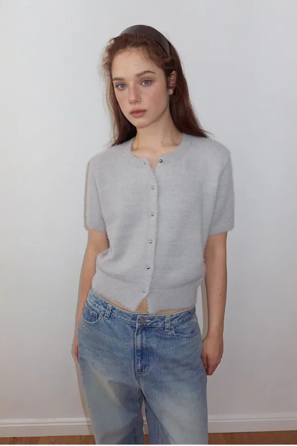 Flower Hairy Knit Cardigan, Grey