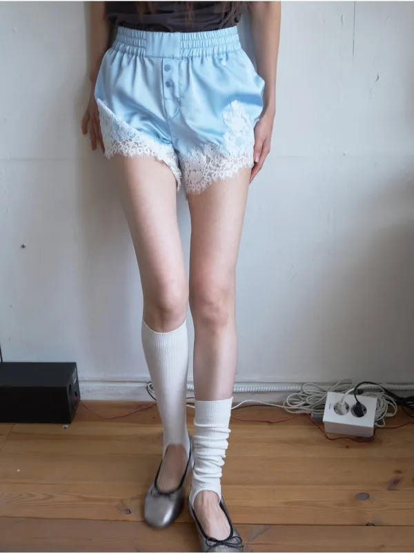 Satin Lace Trim Shorts [Sky Blue]
