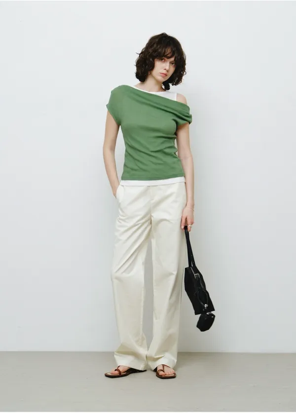 더블 레이어드 원숄더 티셔츠 그린 MDTS093GREEN