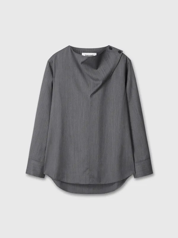 (W) HERRINGBONE WOOL COWL-NECK BLOUSE_ MID-GREY HERRINGBONE