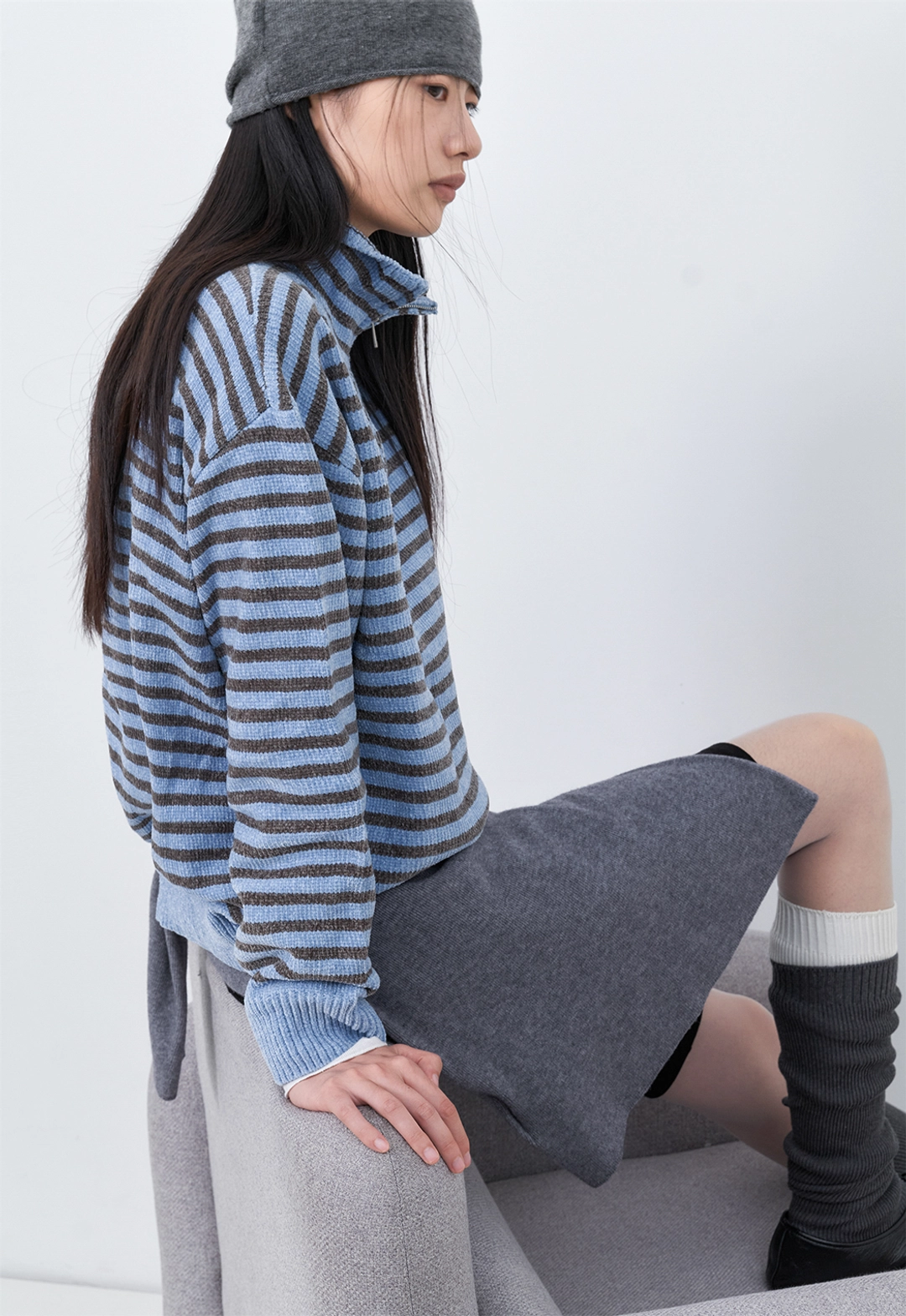 아뜰리에 나인 (T-7321)AN VELVET STRIPE QUARTER ZIP-UP KNIT 상품 이미지 3