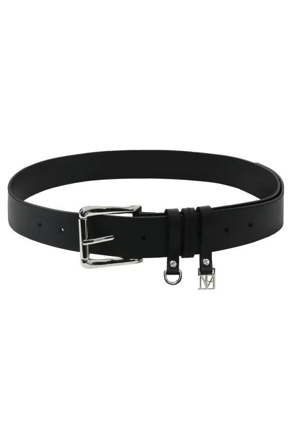 Wide buckle cowhide leather belt [ Black ]