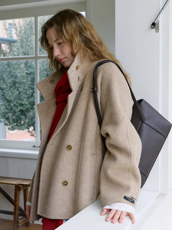 A HIGH NECK BELTED DOUBLE COAT_BEIGE