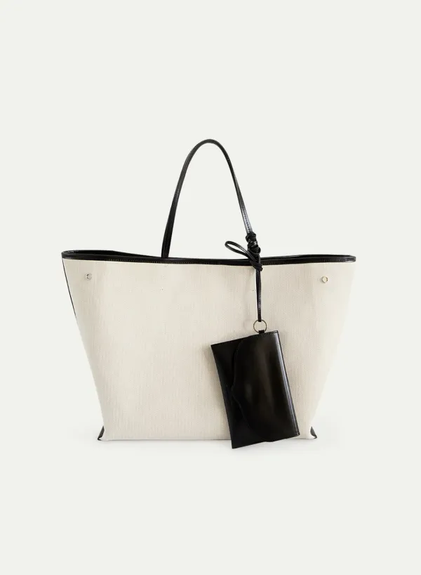 Leather-Trimmed Canvas Tote Ecru