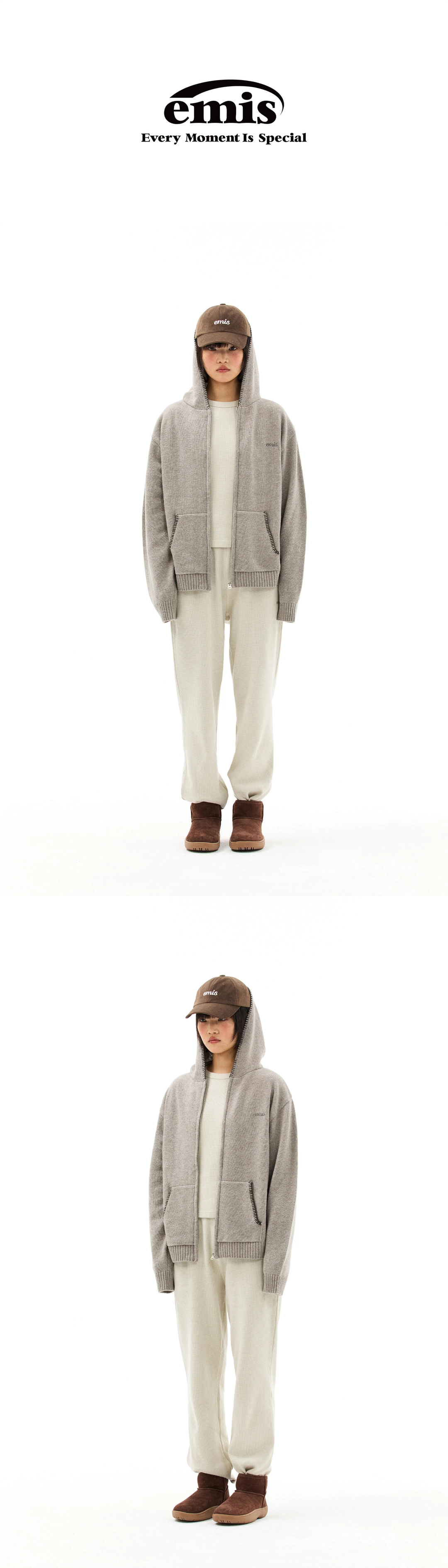 이미스 BLANKET STITCH KNIT HOOD ZIP-UP-LIGHT GRAY 상품 이미지 2