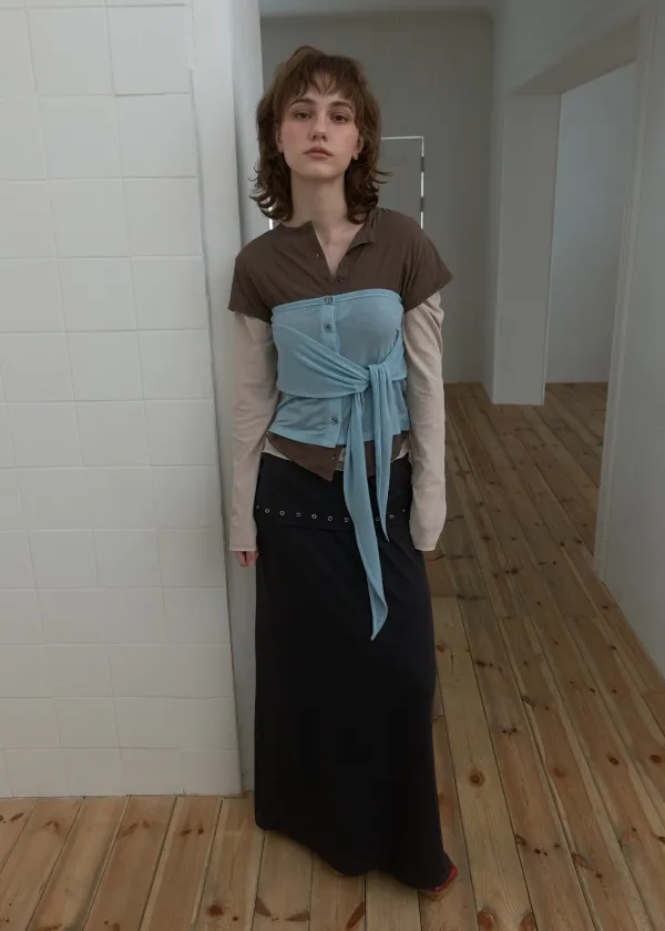 Side Shirring Long Skirt_Charcoal