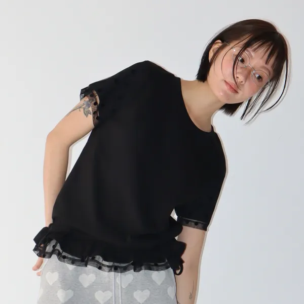 DOT MESH FRILL SHORT SLEEVE T SHIRT BLACK