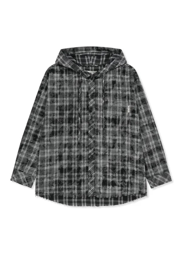 RAW CUT CHECK HOODED SHIRT IN BLACK