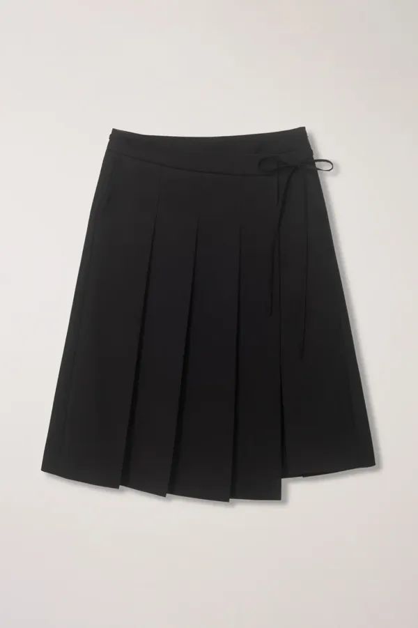 RIBBONED WIDE PLEATS SKIRT BLACK