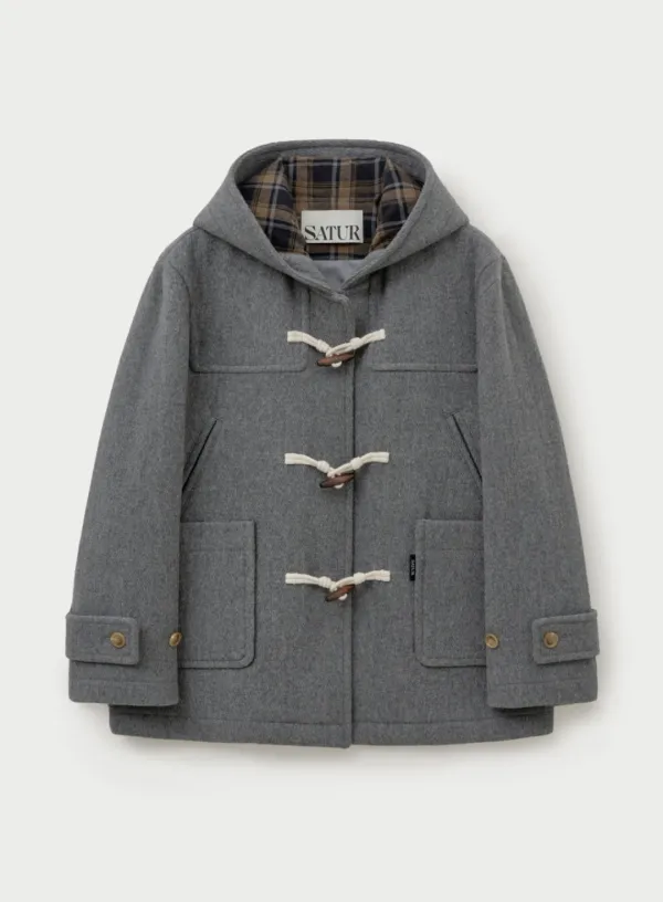 (W) Hood Wool Blend Duffle Half Coat - Gray