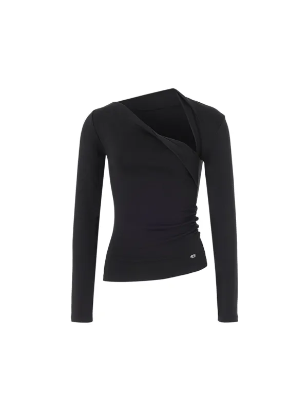 TWIST NECK SHIRRING TOP_BLACK