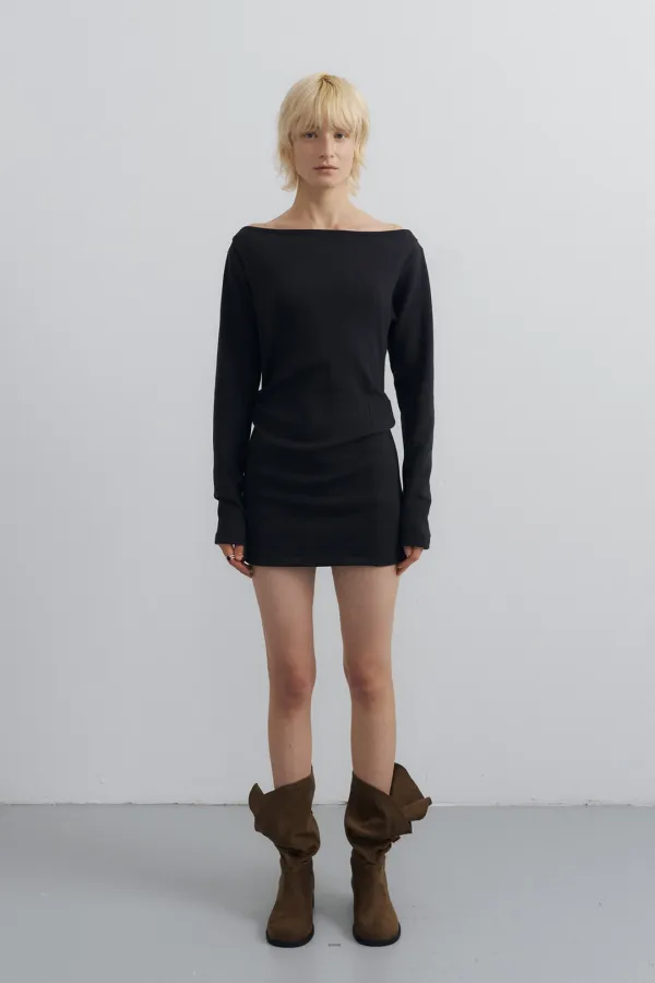 Lip Neck Slim Dress_Charcoal