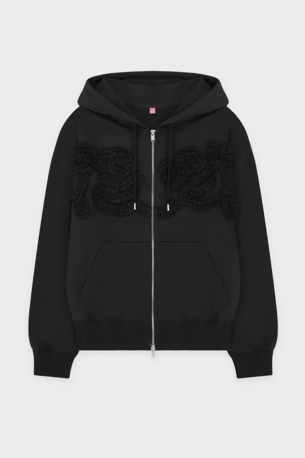 Rose Frill Oversized-Fit Hooded Zip-Up (Black)