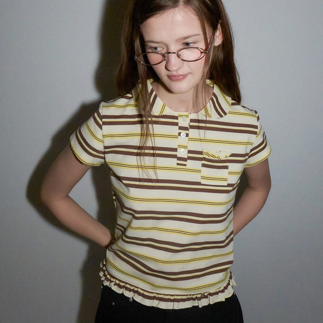 론론 RUFFLE ROUND COLLAR PK T SHIRT CREAM BROWN STRIPE 상품 이미지 1