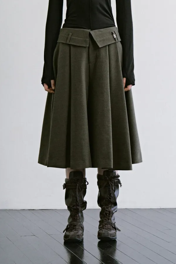 Folded-Waist Wide-Leg Shorts [ Khaki ]