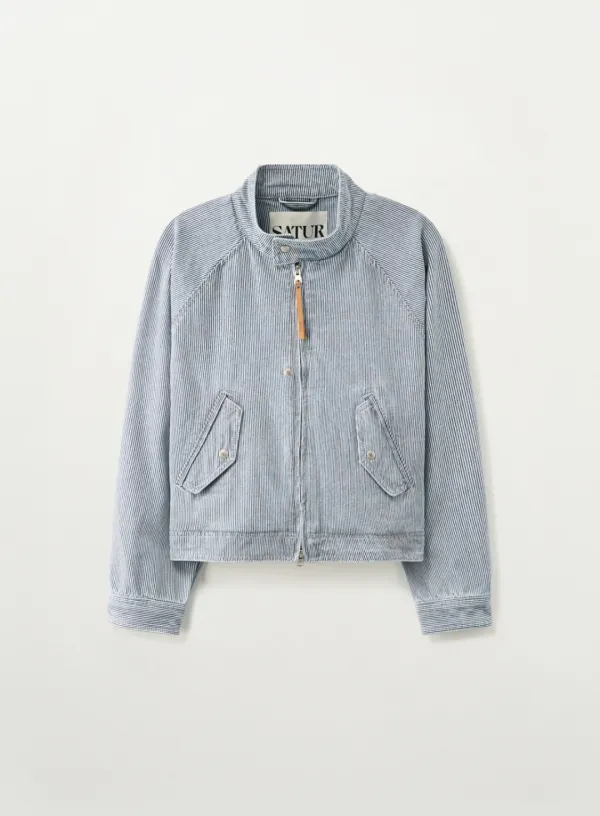 [신예은 Pick] (W) Stripe Denim Harrington Jacket - Light Blue