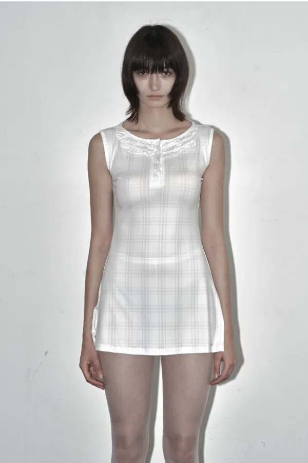CHECK FRILL SLEEVELESS DRESS WHITE