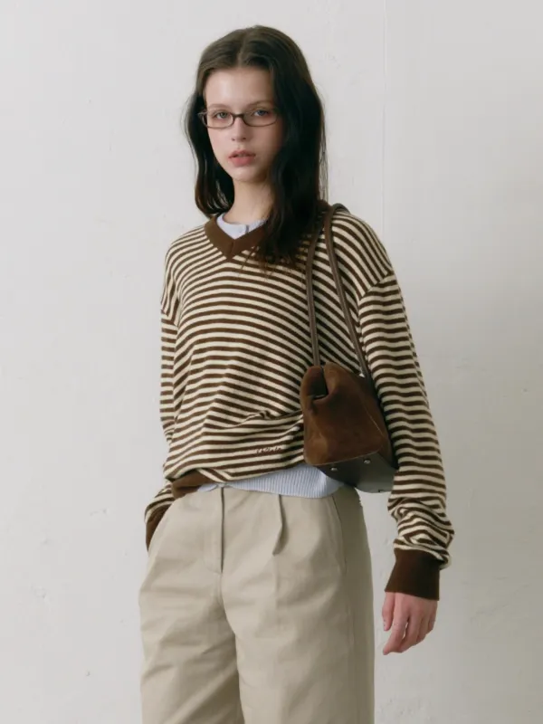 Wool Blended V-Neck Pullover Brown Stripe
