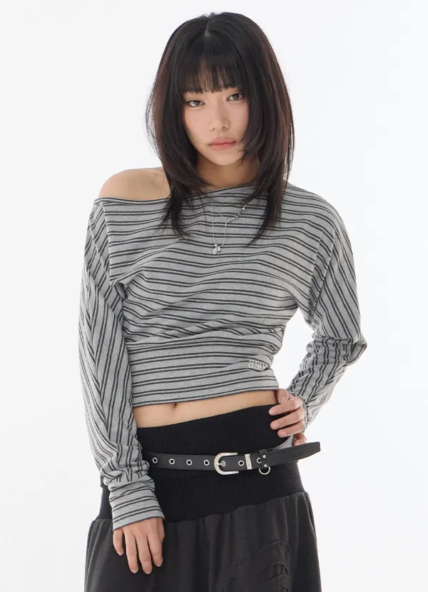 GLEAM OFF SHOULDER LONG SLEEVE / STRIPE GRAY