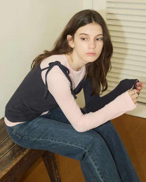 Layered ribbon shirring line t shirt - pink