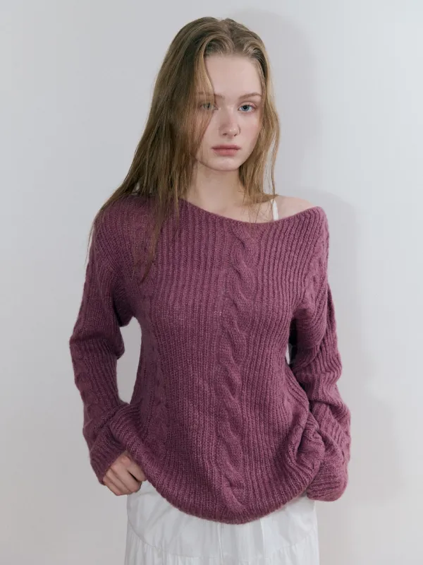 Boat-Neck Cable Knit Pullover, Purple