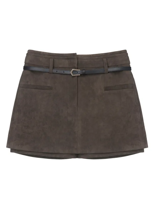 Belted H-Line Mini Skirt (Faux Suede / Faux Leather) SL6XS141_3color