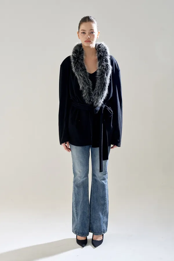 FUR TRIMMING WRAP CARDIGAN BLACK