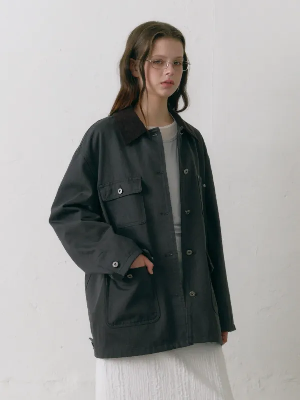 Contrast Collar Work Jacket Khaki Grey