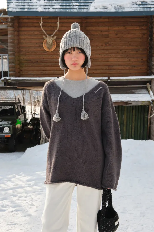 Riss Wool Deep V-Neck Knit - Charcoal