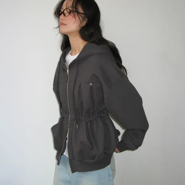 PENDANT SHIRRING HOODIE ZIP UP CHARCOAL