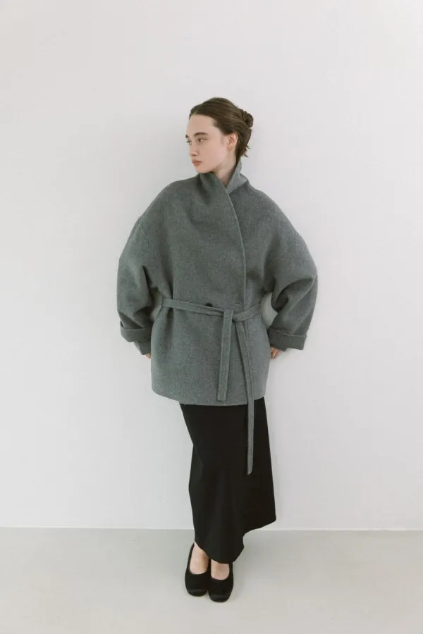 SHAWL HALF CASHMERE HANDMADE COAT [ GREY ]