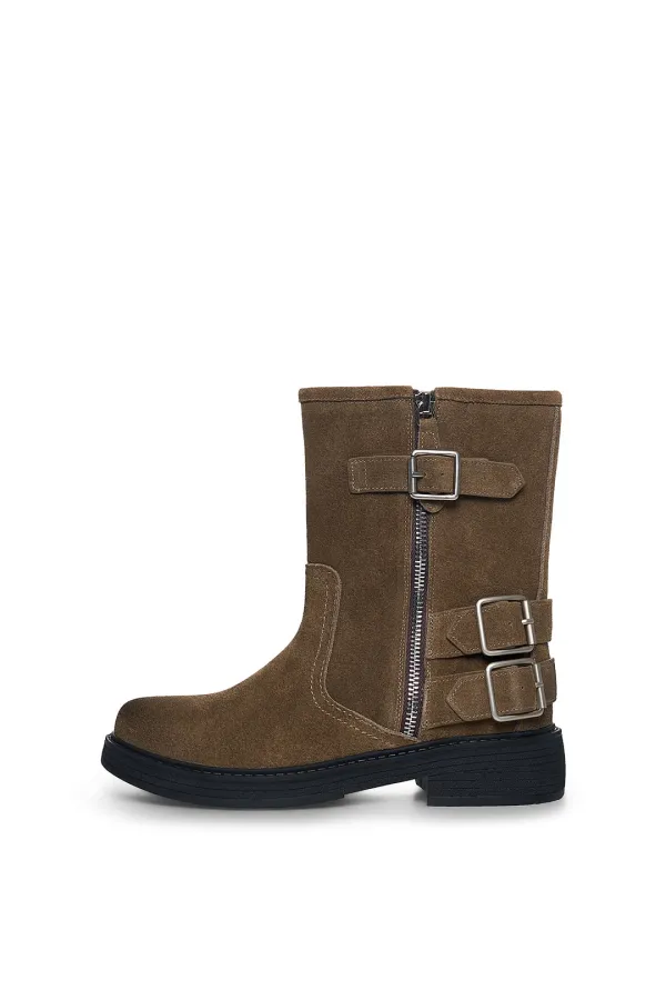 VINTAGE WASHED BIKER ANKLE BOOTS IN KHAKI