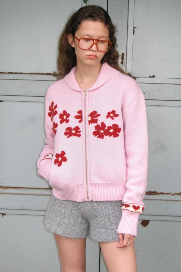 Flower Knit Zip-Up (Pink)