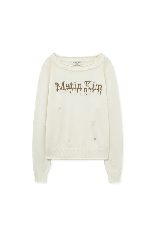 TWO WAY OFF SHOULDER DAMAGE PULLOVER IN IVORY