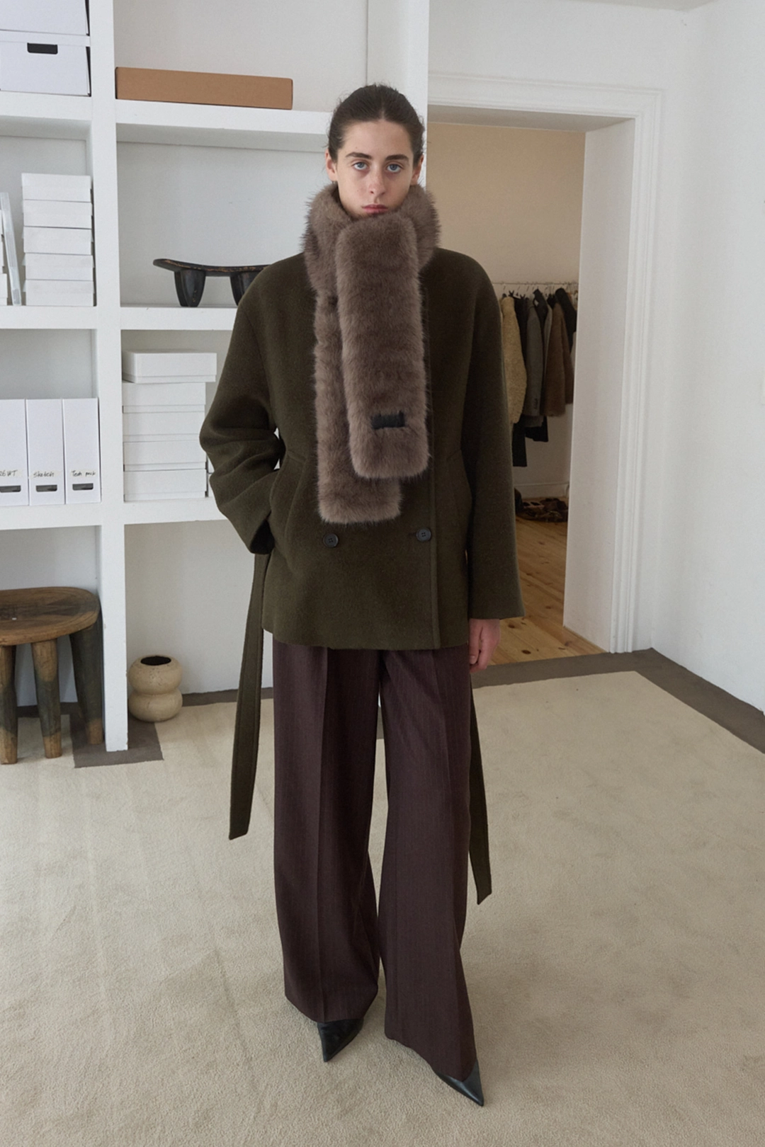 엔오르 BELTED WOOL ALPACA HALF COAT - KHAKI 상품 이미지 2