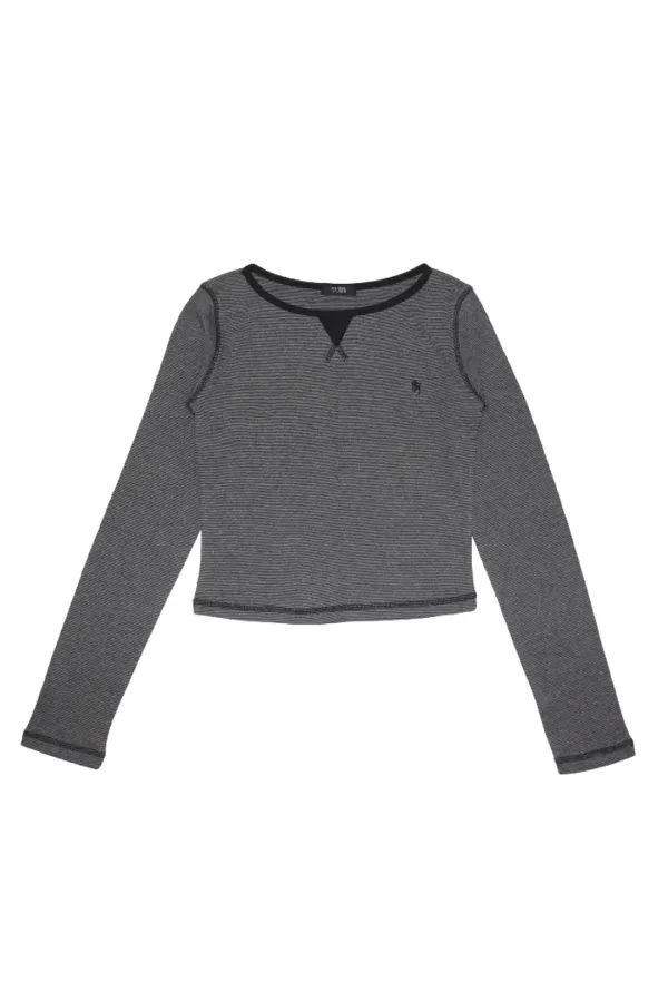 STITCH STRIPE BOAT NECK LONG SLEEVE BLACK