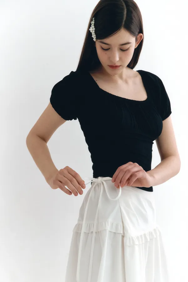 Shirring Square Neck Top Black