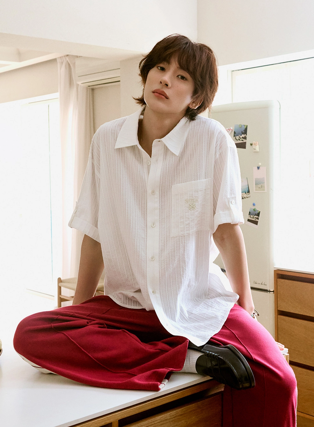 세터 [RIIZE\'s Pick] Roll Up Half Shirt - Cream 상품 이미지 2