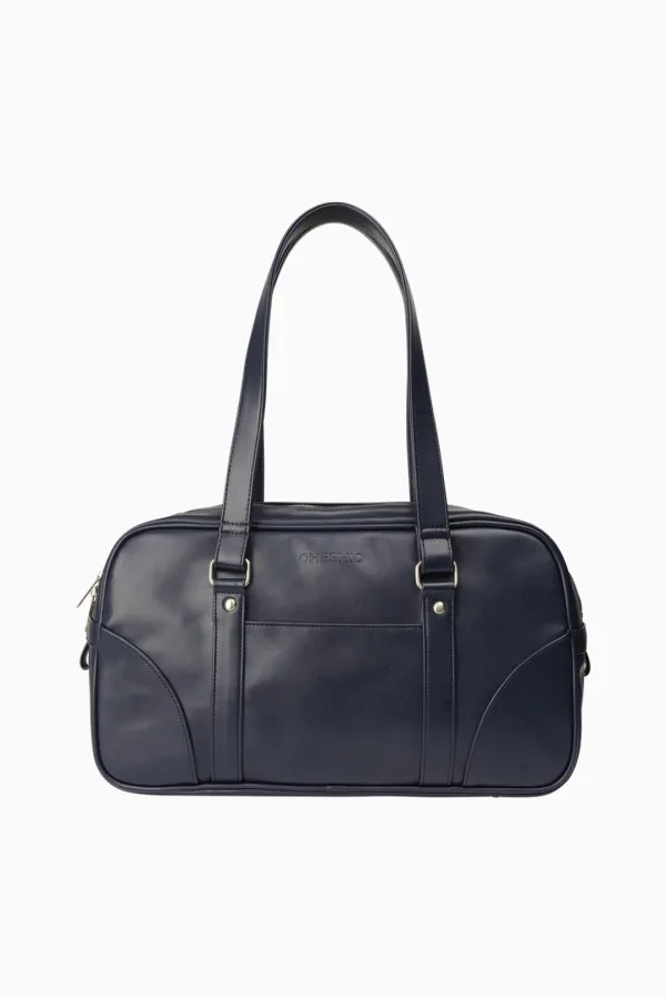 VINTAGE SQUARE LEATHER TOTE BAG, NAVY