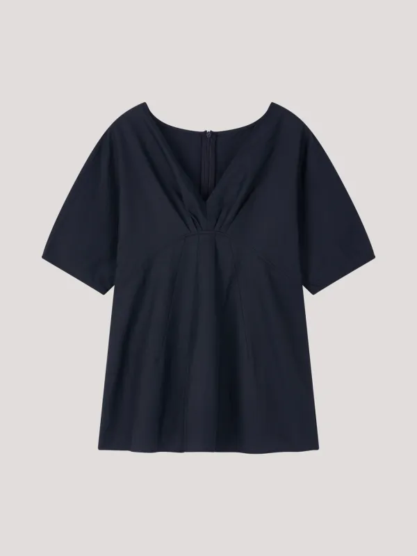 Linen V-neck Blouse_Navy
