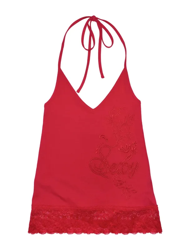Eyelet Embroidery Halter Top Red