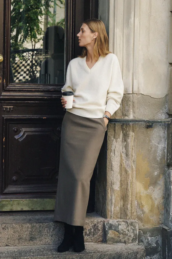 Slant Pocket H-Line Maxi Skirt [LMBFWISK425]-Moss Taupe