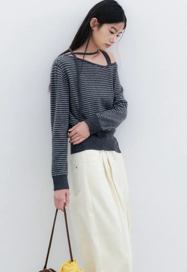 (T-7311)WOOL STRIPE ONE OFF SHOULDER STRAP KNIT