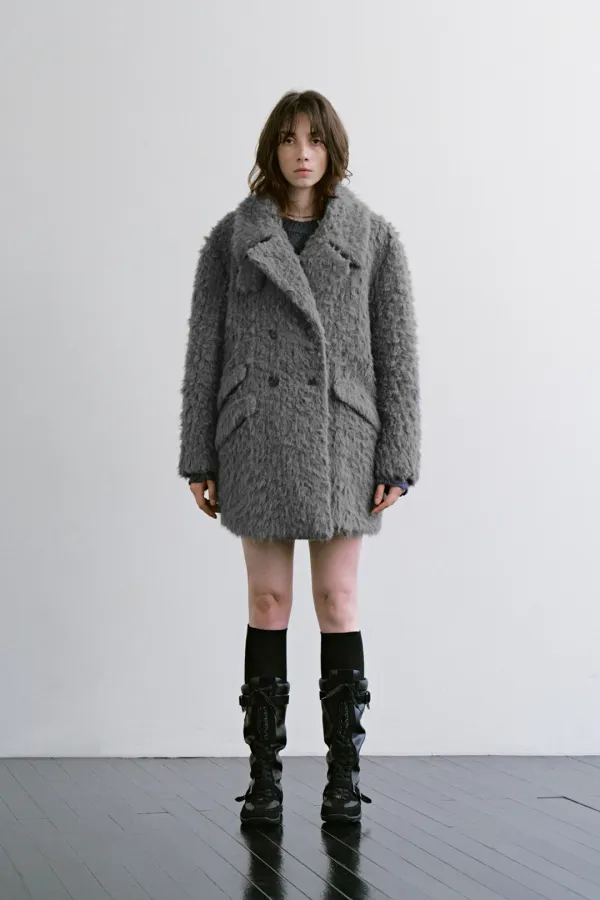 Hairy Fur Half Coat [ Gray ]