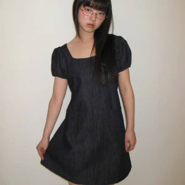 NON FADE POCKET HEART POINT DENIM DRESS INDIGO BLUE